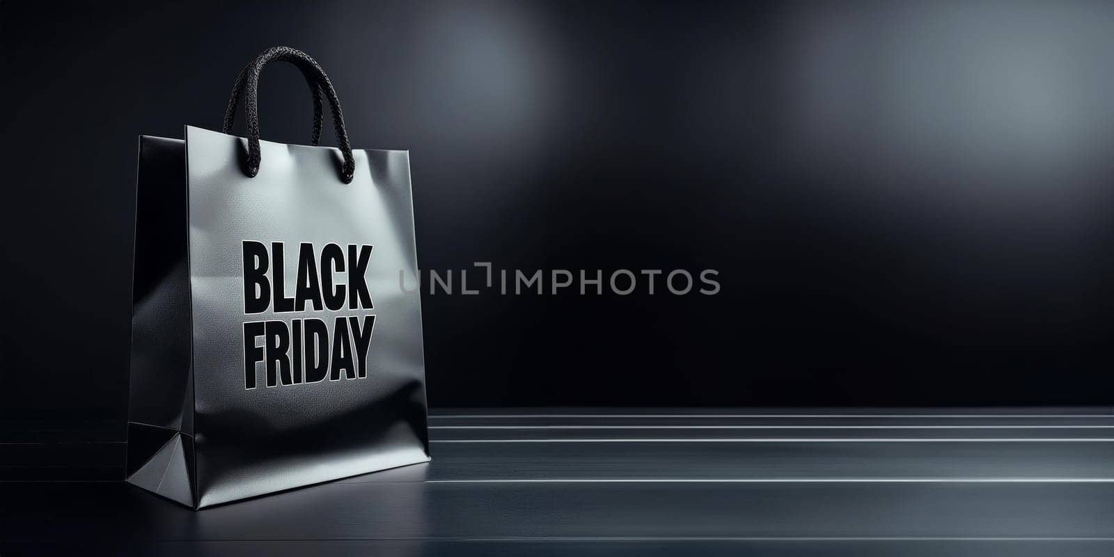 Black Friday Text on a White Shopping Bag, Studio Shot with Copy Space, Dark Background, AI generated image