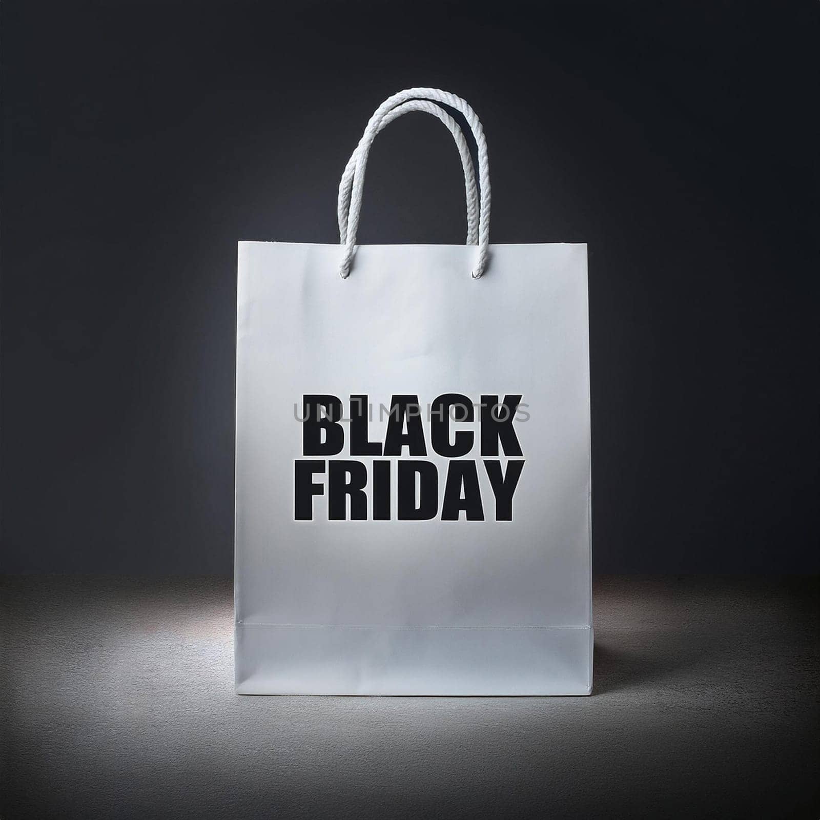 Black Friday Text on a White Shopping Bag, Studio Shot, Dark Background, AI generated image