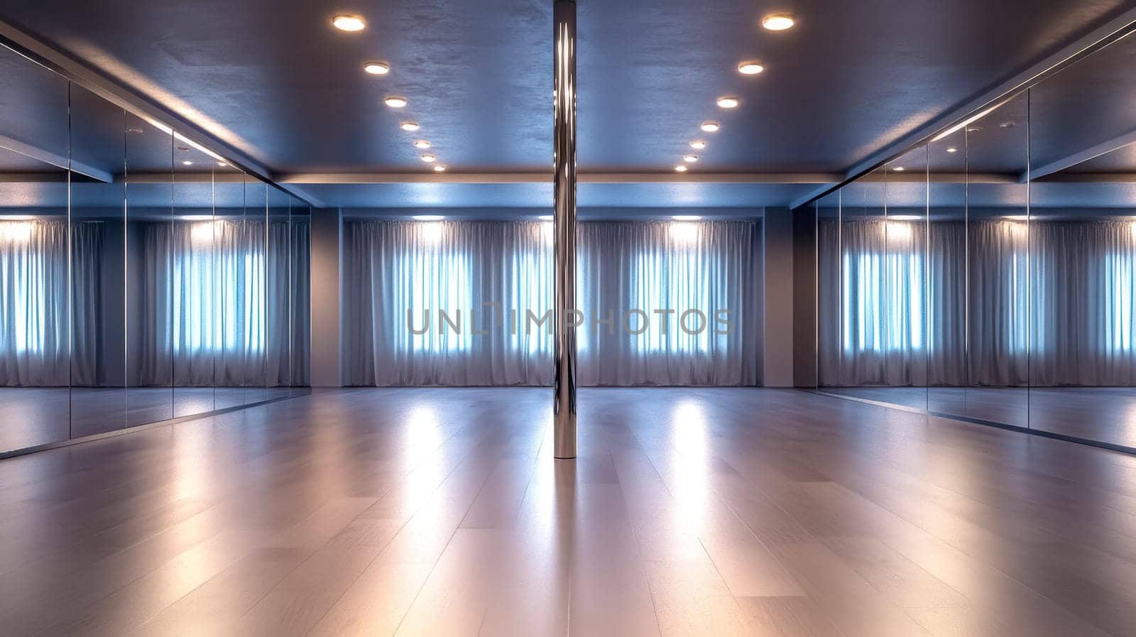 Sunlight floods a modern dance studio with large windows and clean wooden floors, perfect for pole dancing and choreography practice