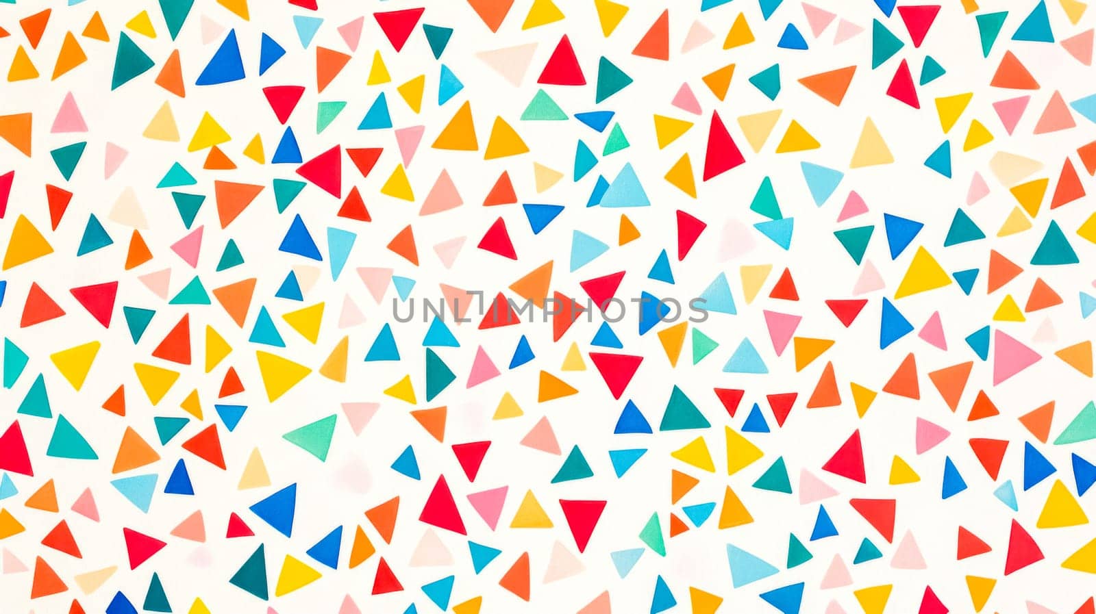 Colorful triangle pattern on white background, vibrant geometric shapes create playful mosaic, perfect for adding excitement to projects