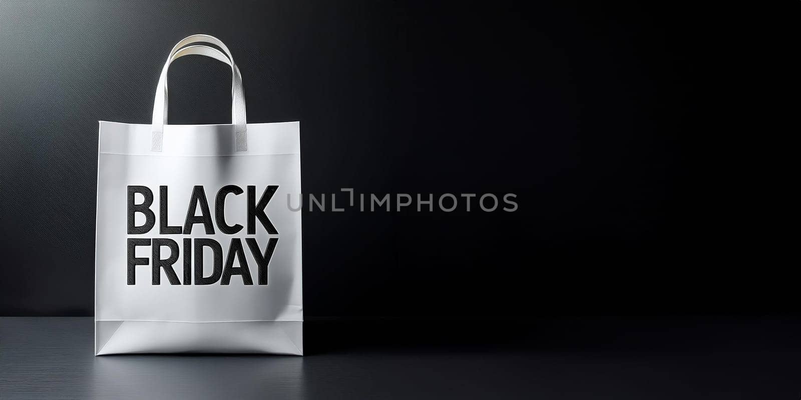 Black Friday Text on a White Shopping Bag, Studio Shot with Copy Space, Dark Background, AI generated image