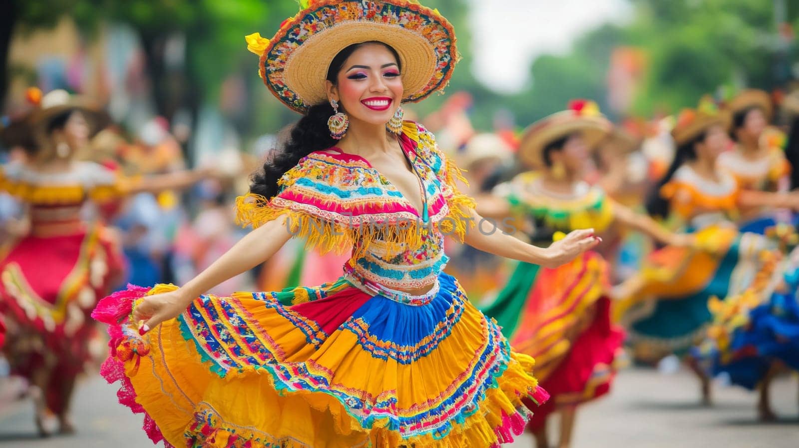 Woman in colorful traditional dress dancing at a latin american street festival, AI generated