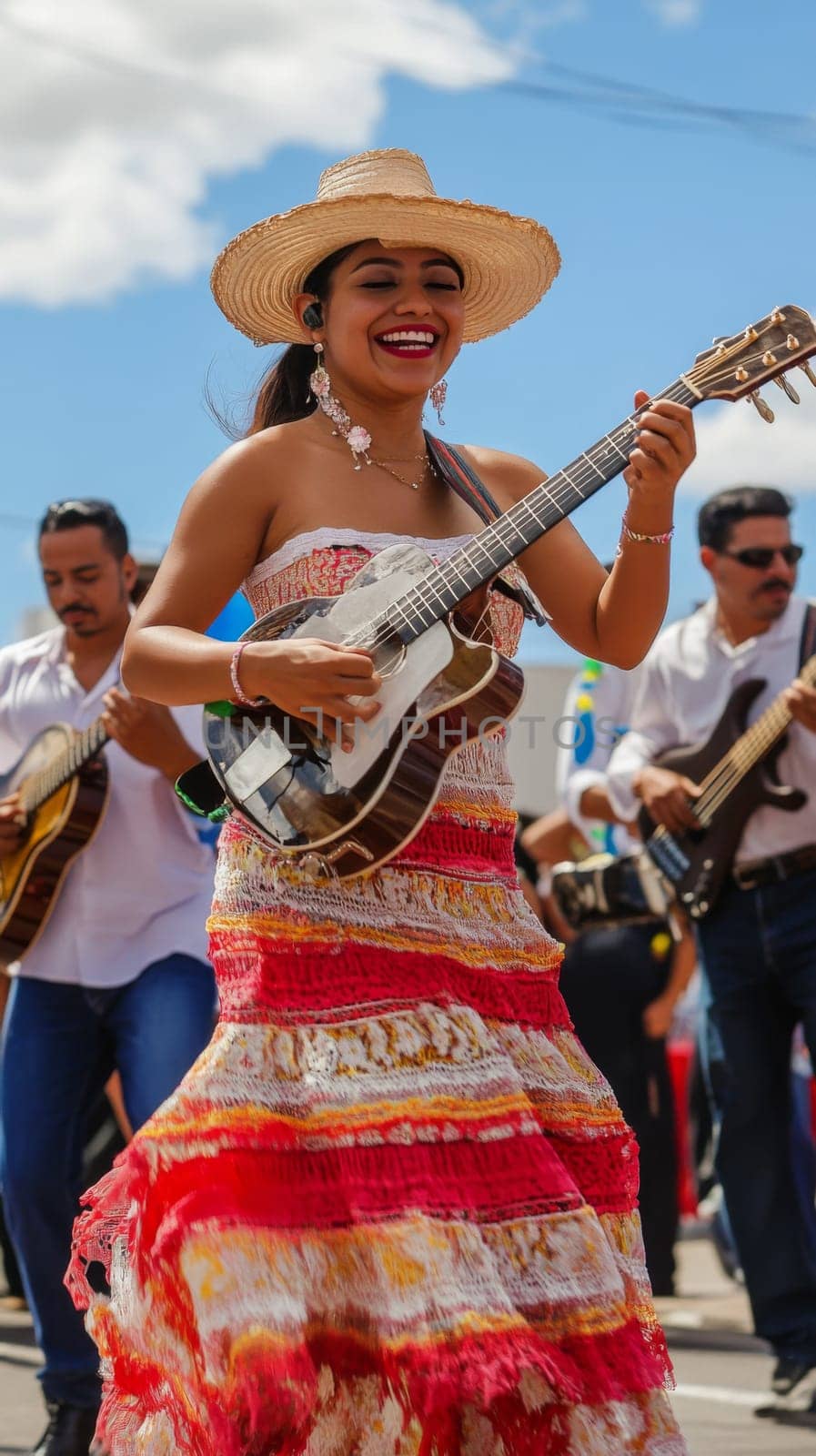 Festive street scene with smiling people in traditional Mexican clothing singing and dancing, AI generated