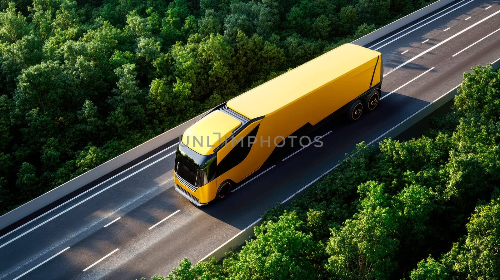 Aerial view of an yellow futuristic semi-truck driving on the highway in the green forest. AI generated