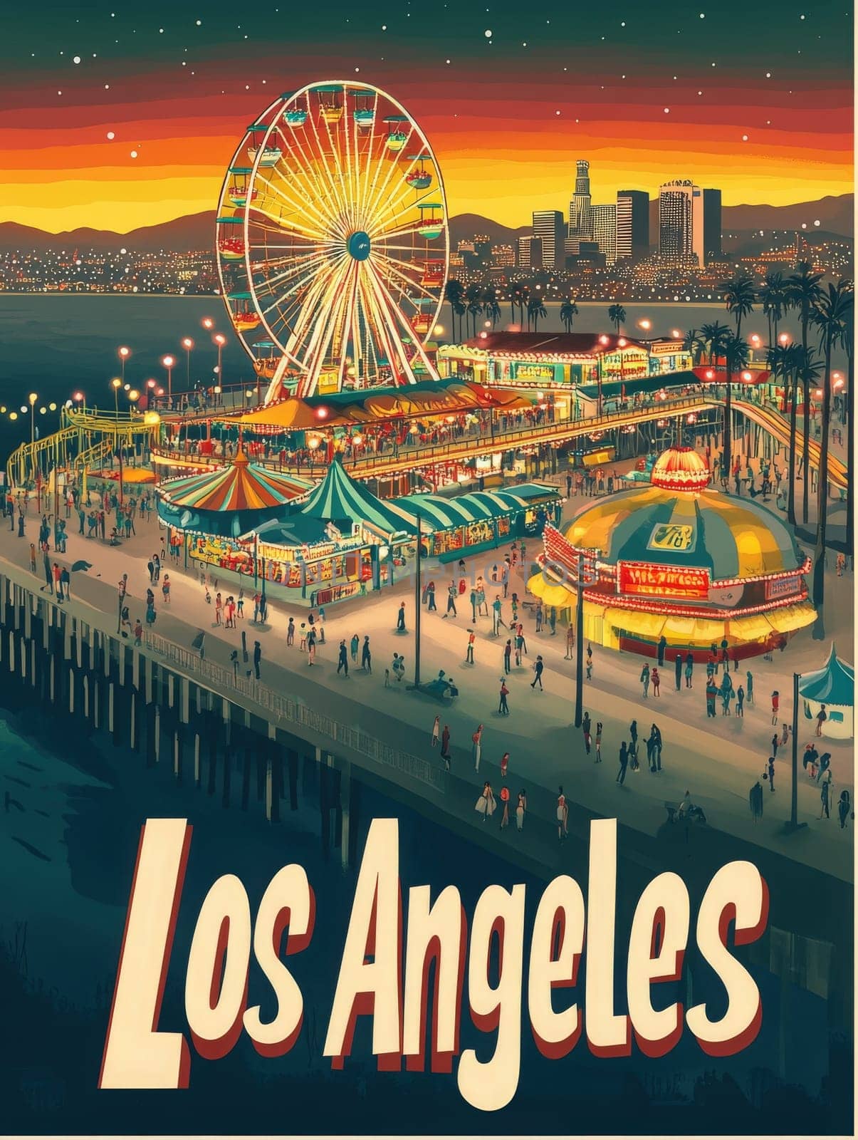 Delight in the enchanting atmosphere of Los Angeles as the sun sets, casting a warm glow over the bustling pier, lively carnival rides, and iconic skyline that invite visitors to explore.