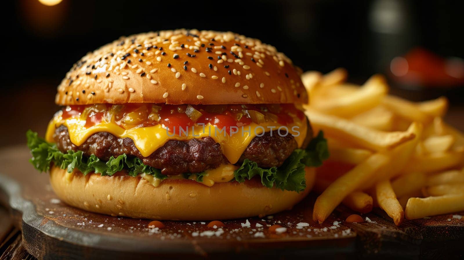 Close up view of delicious hamburger with chips. Fast food concept.