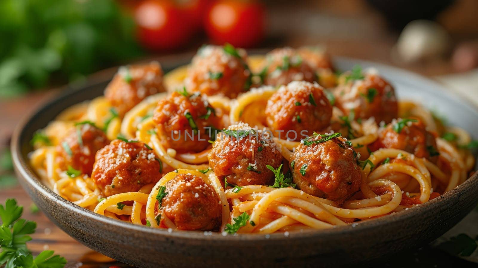 Close up view of delicious spaghetti with meat balls. Western food concept