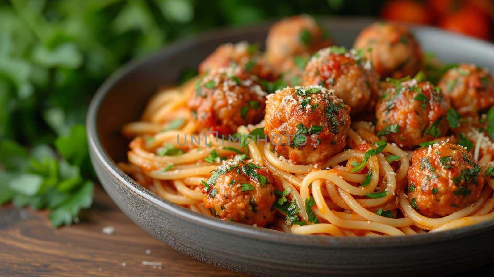 Close up view of delicious spaghetti with meat balls. Western food concept.