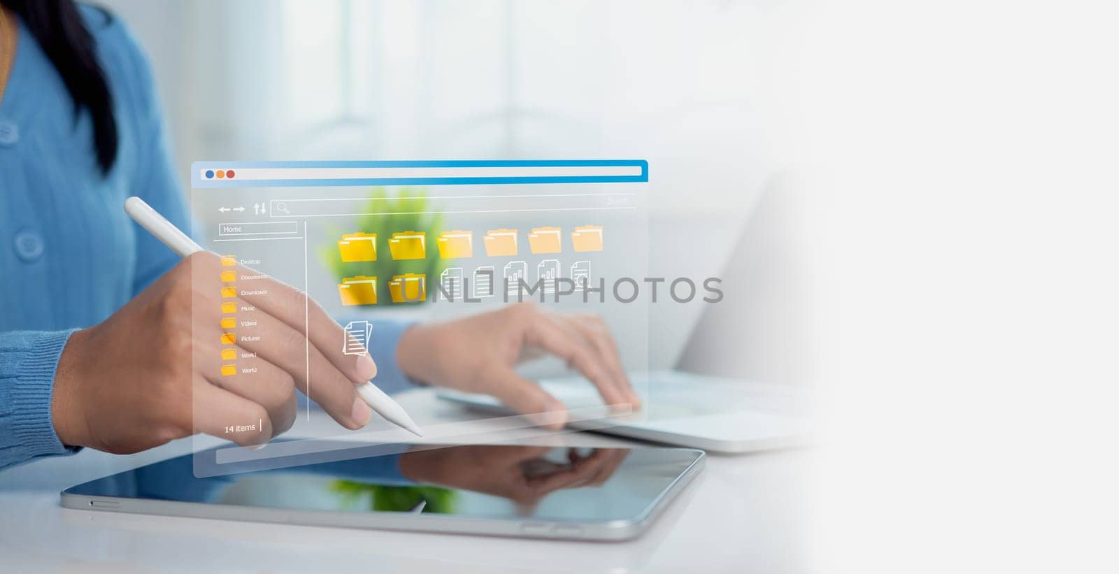 Businesswoman using a computer to document management, Document Management System (DMS) being setup by IT consultant working on laptop computer in office, Efficiently manage and information files.