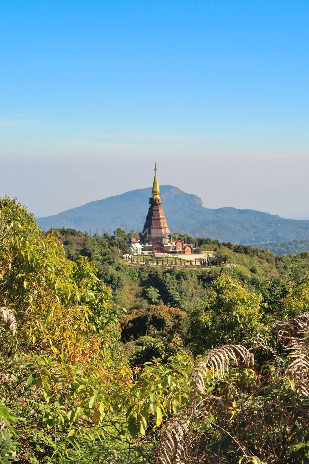View from the Kew Mae Pan Nature Trail onto the King's Pagoda, surrounded by a dense forest, jungle, Doi Inthanon National Park, close to Chiang Mai, Thailand 2023