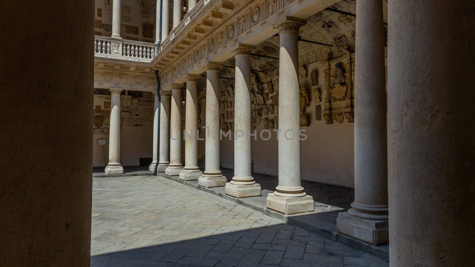 Padua, Italy - July 23, 2024: Palazzo Bo (Bo Palace) yard, historical building home of the Padova University from 1539 in Padua, Italy