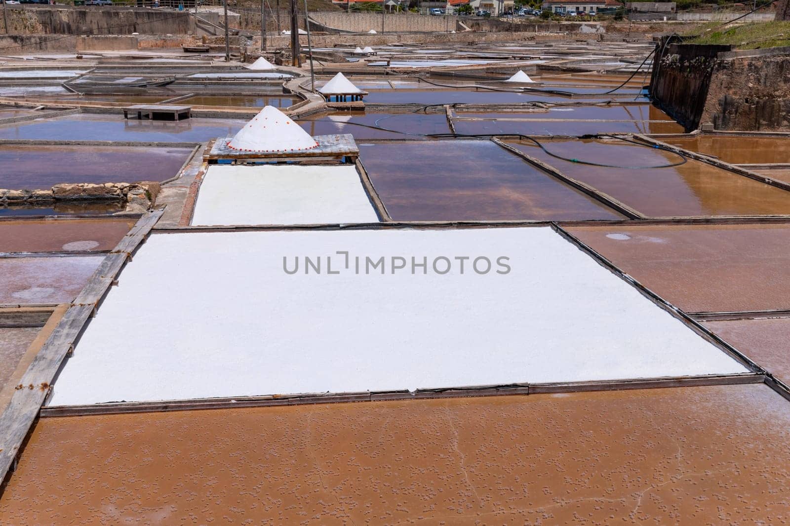 Fonte da Bica Salt Flats, aka Salinas de Rio Maior, system of shallow water compartments and gutters for salt extraction, Rio Maior, Portugal
