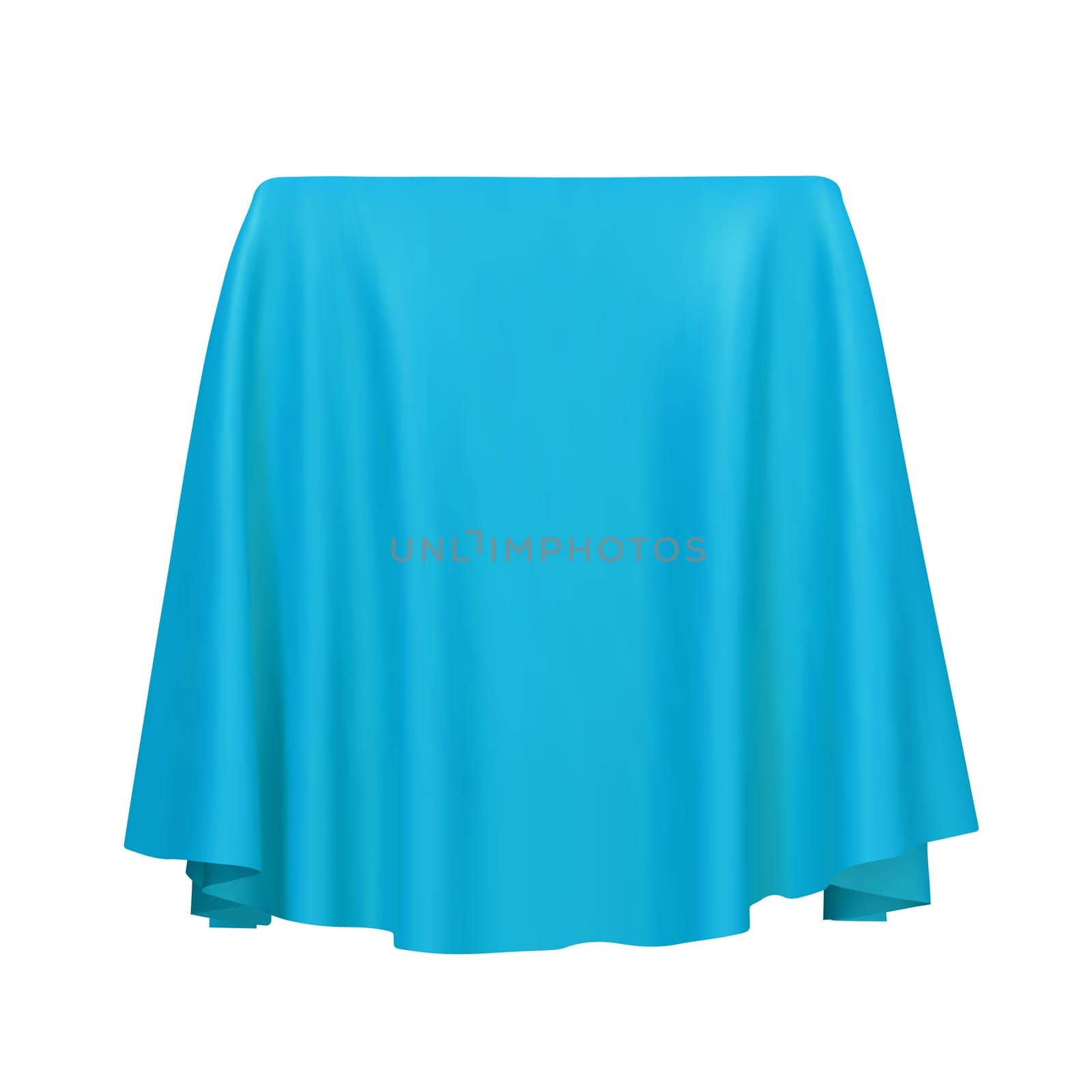Blue fabric covering a cube or rectangular shape, isolated on white background. Can be used as a stand for product display, draped table. Vector illustration