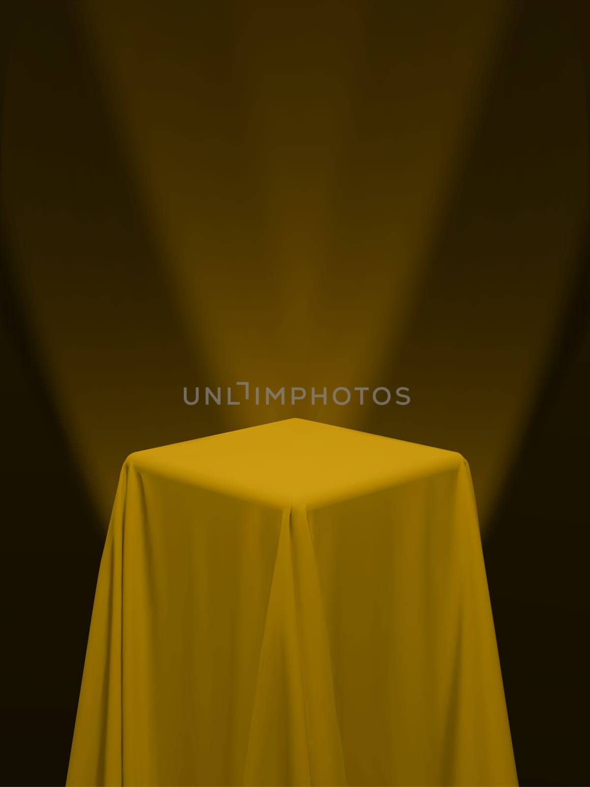 Yellow fabric covering a cube or a table, with red background and stage spotlights. Can be used as a stand for product display, draped table. Vector illustration