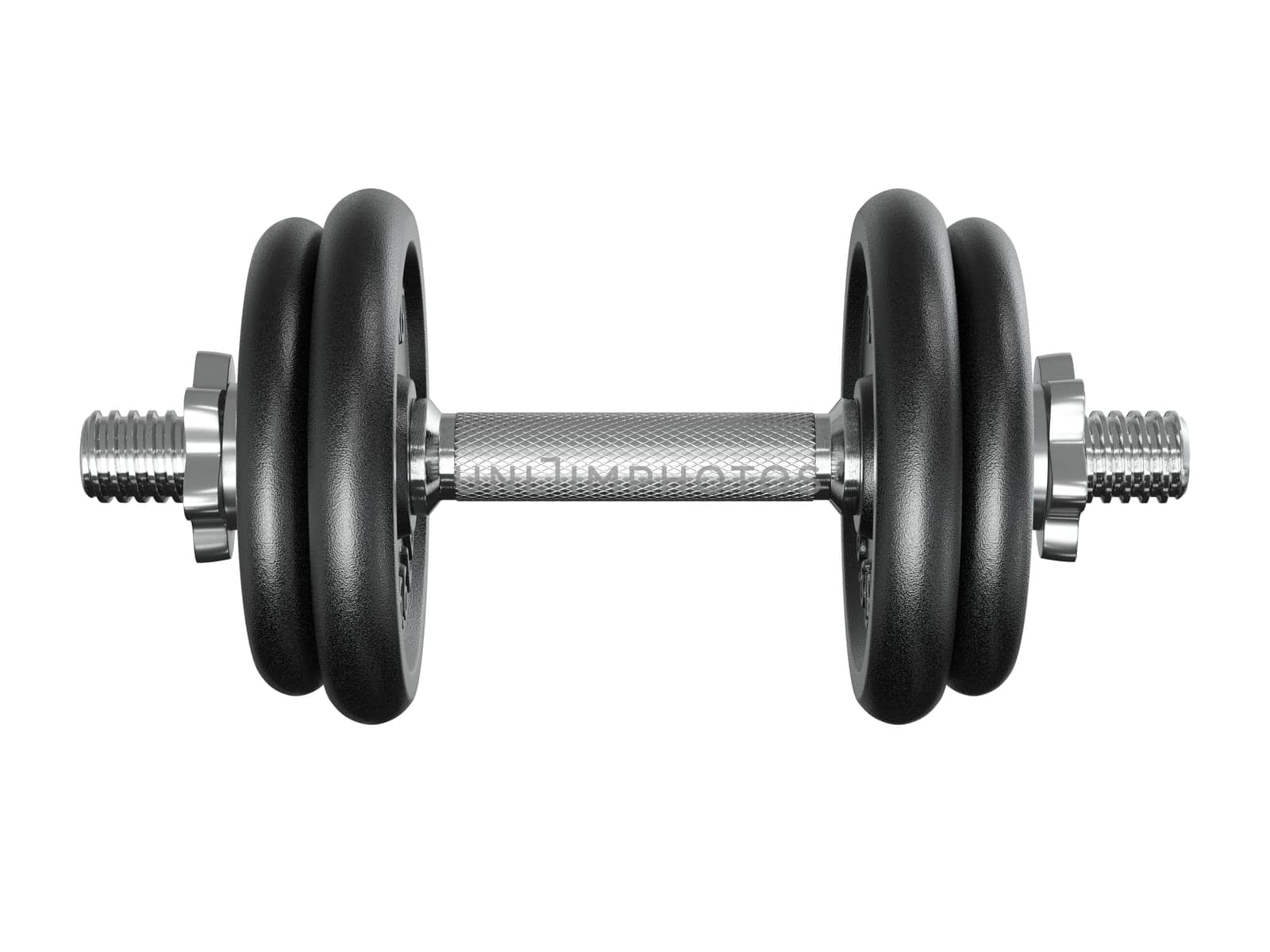 Black adjustable dumbbell, weightlifting gym equipment, side view, isolated on white background. 3D illustration