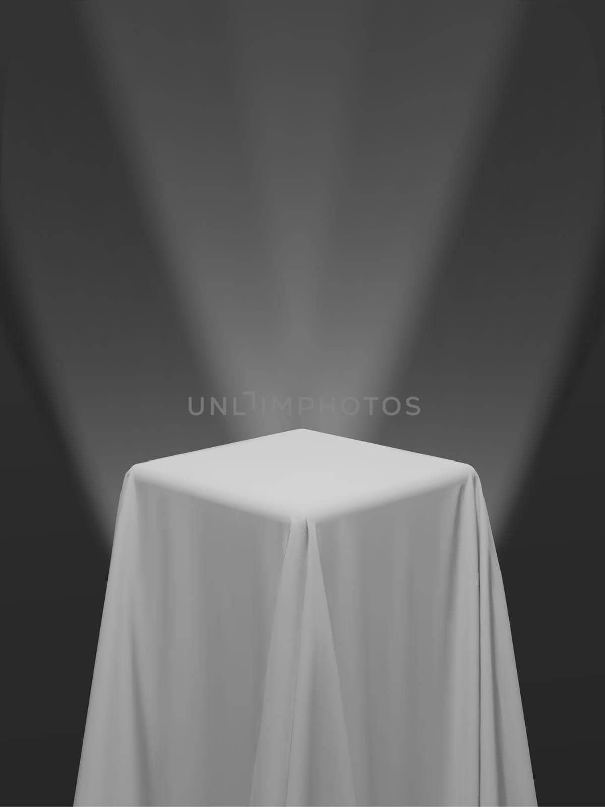 White fabric covering a cube or a table, with white background and stage spotlights. Can be used as a stand for product display, draped table. Vector illustration