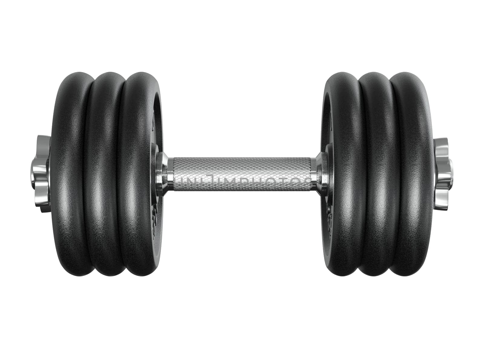 Black adjustable dumbbell, weightlifting gym equipment, side view, isolated on white background. 3D illustration