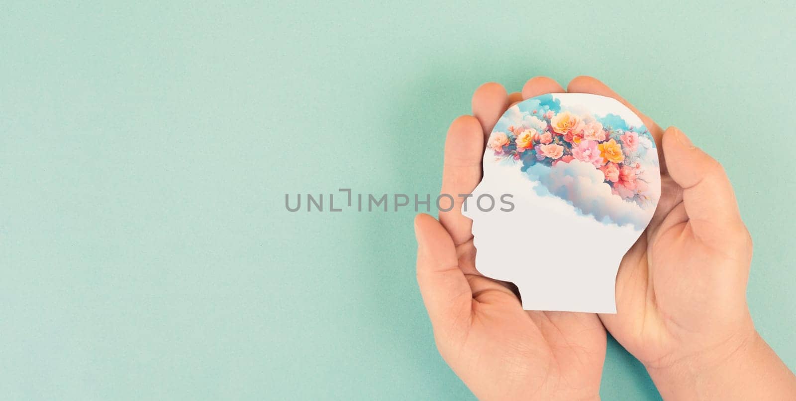 Mind with colorful cloud of flowers, positive thoughts and energy, emotion and attitude, hope and self care concept