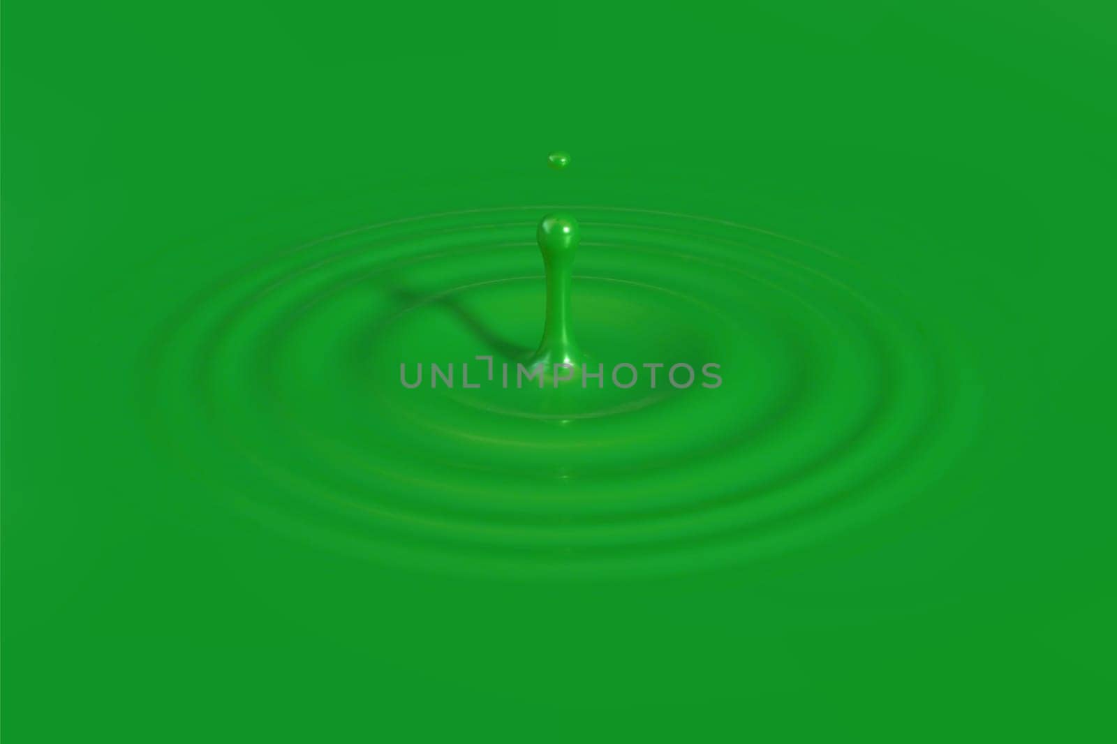 Green paint drop falling on surface background, creating round ripple splashing with reflection. Side view. Vector illustration