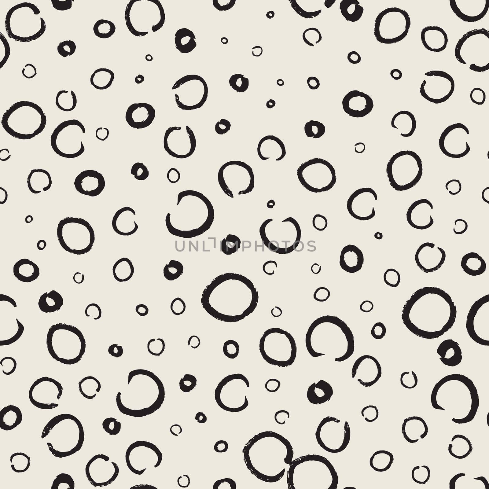 Seamless pattern with hand painted ink circles. Graphic design element for poster, stationary, fabric, scrapbook, baby shower card, wedding invitation. Grunge brush stroke texture. Vector illustration