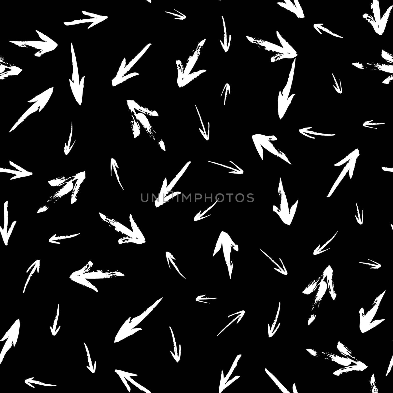 Seamless pattern with arrows. Black white random brush strokes. Geometric graphic design element. Scrapbooking, book cover, wallpaper, poster, flyer. Hand drawn shapes background. Vector illustration