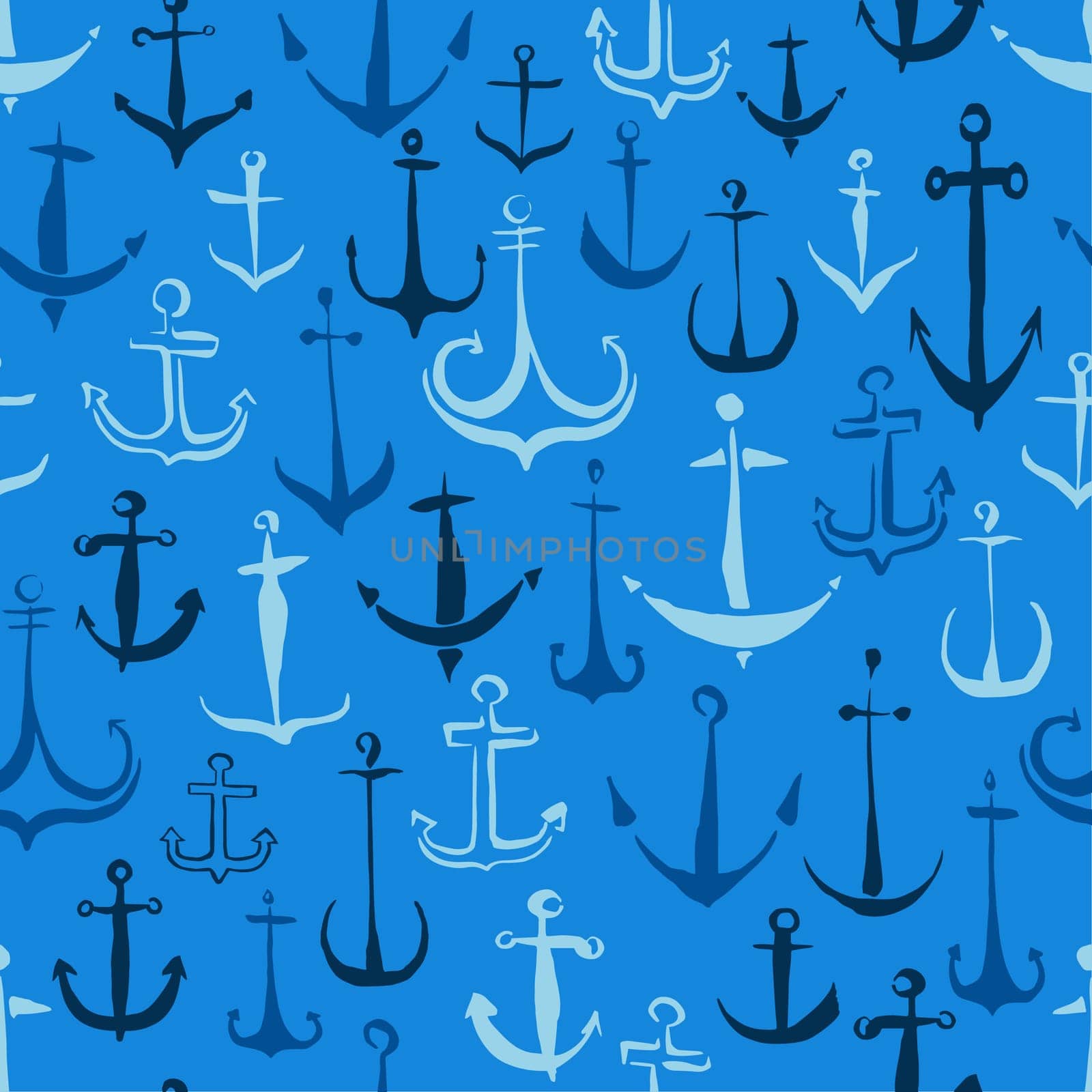 Anchors nautical seamless pattern hand painted with ink brush, isolated on white background. Vector illustration