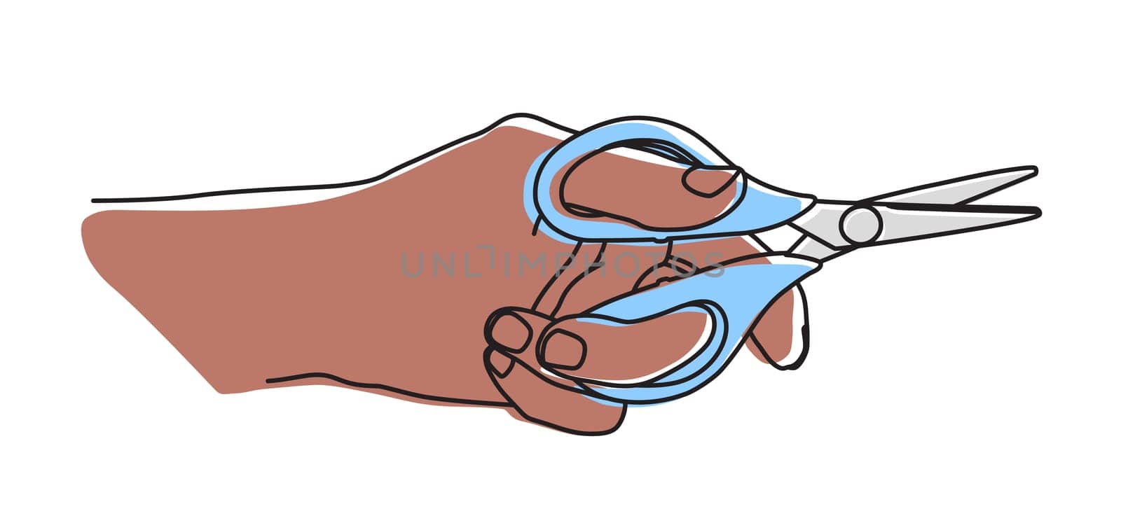 Hand holding scissors, cutting montion. Hand drawn with thin line. Vector illustration isolated on white background