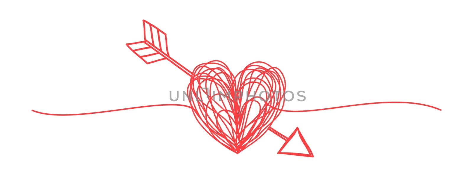 Banners with tangled grungy heart and arrow scribbles hand drawn with thin line, divider shape. Isolated on white background. Vector illustration
