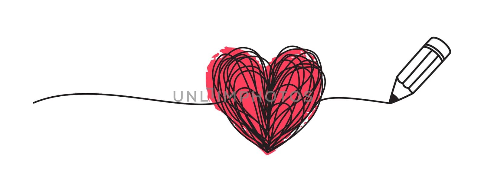 Tangled grungy heart scribble drawn with a pencil in thin line and red heart hand painted with ink brush. Isolated on white background. Vector illustration