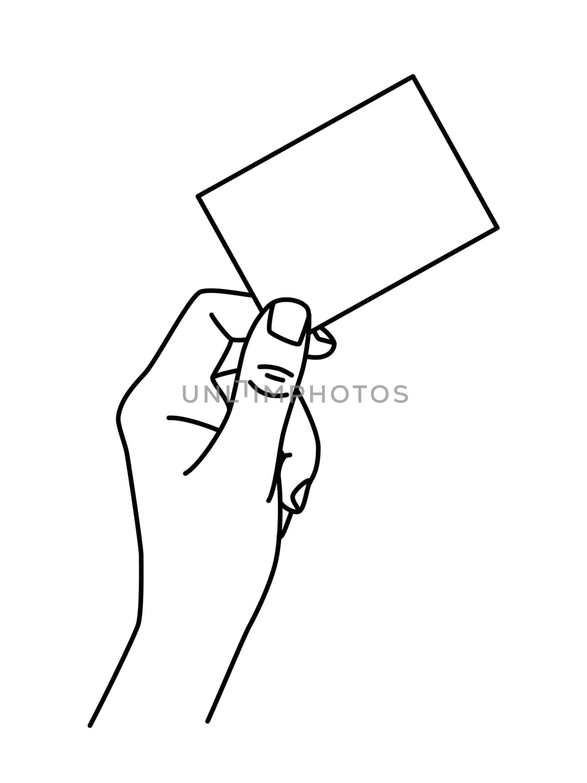 Hand holding a business card, hand drawn with thin line. Presenting document, showing memo, template for image. Vector illustration isolated on white background
