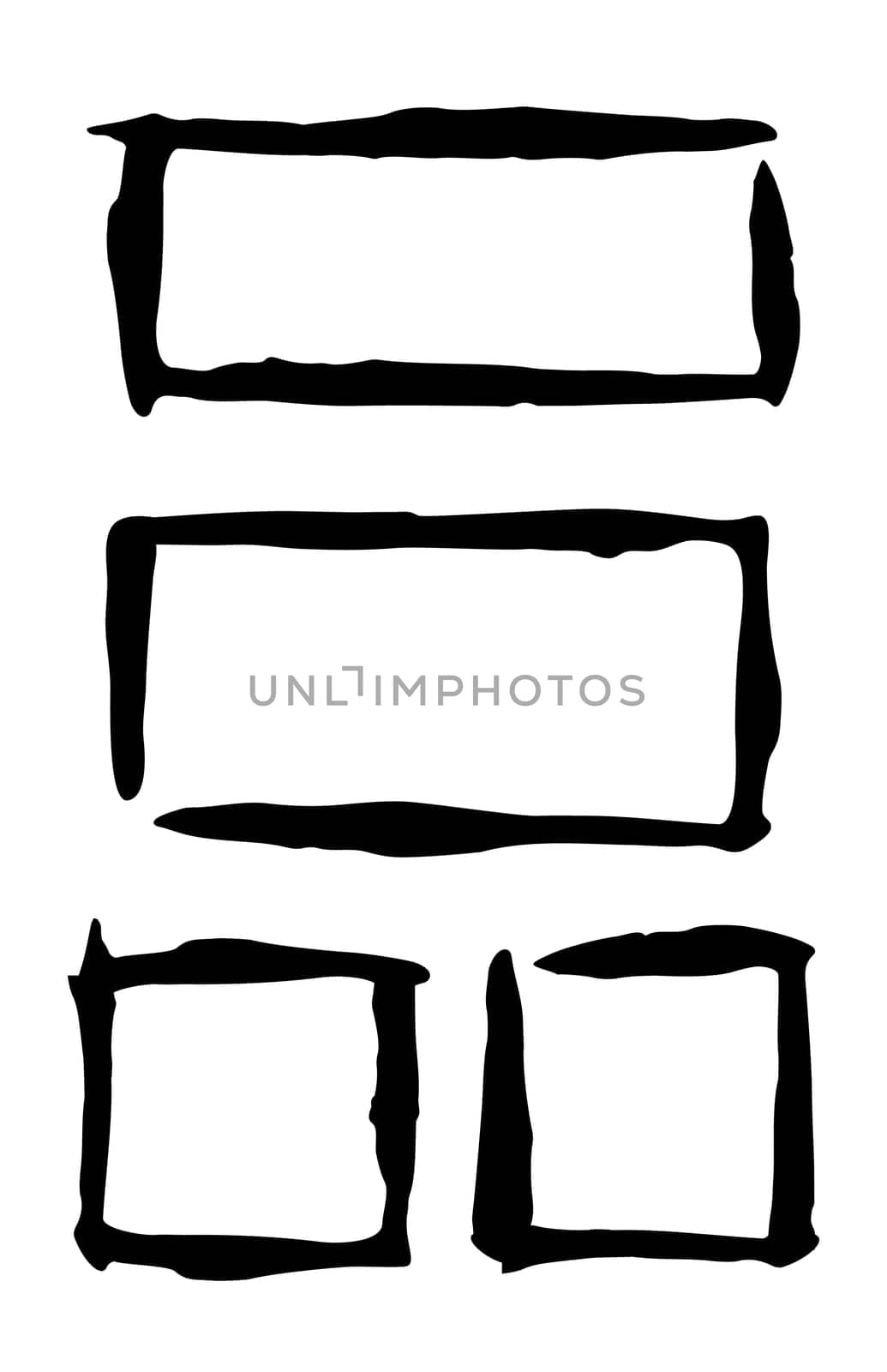 Set of abstract grungy brush stroke frames hand painted with black ink isolated on white background. Vector illustration