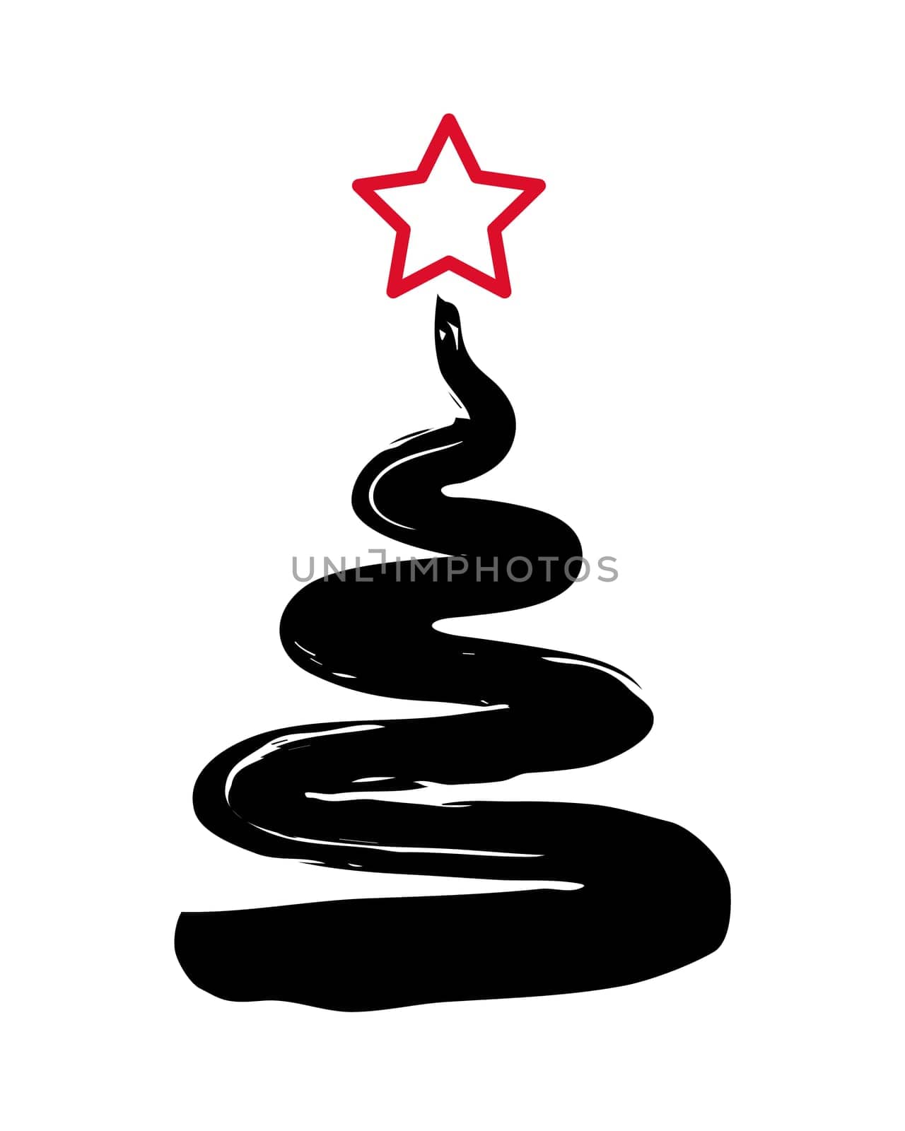 Handdrawn christmas tree with star, hand painted with ink brush. Vector illustration