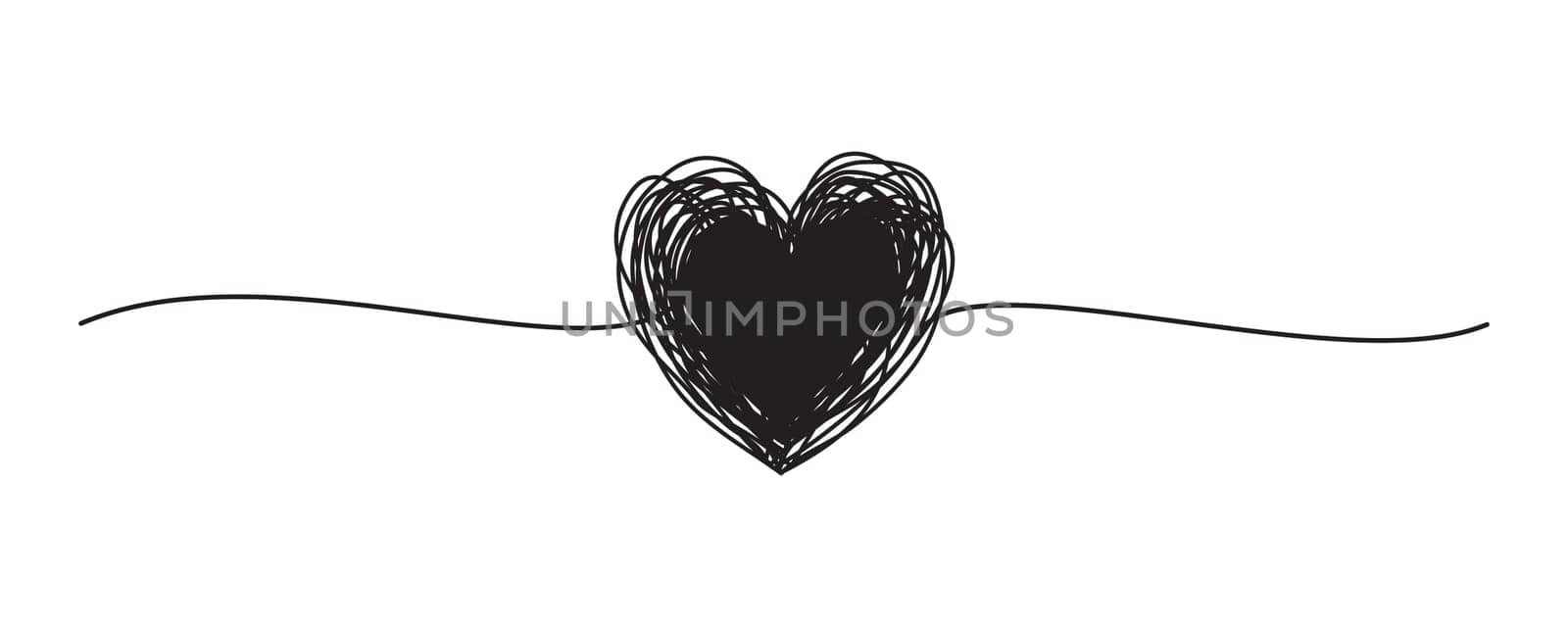 Tangled grungy black heart scribble hand drawn with thin line, divider shape. Isolated on white background. Vector illustration