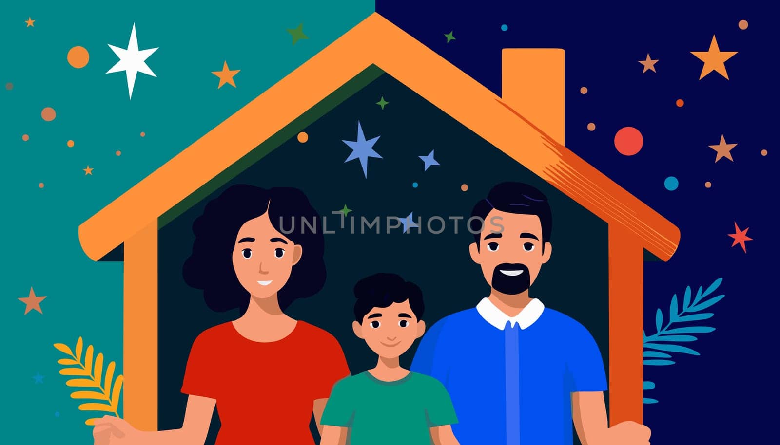 A family of three, a man, a woman and a child, are standing in front of a house. The house is decorated with stars and the family appears to be happy