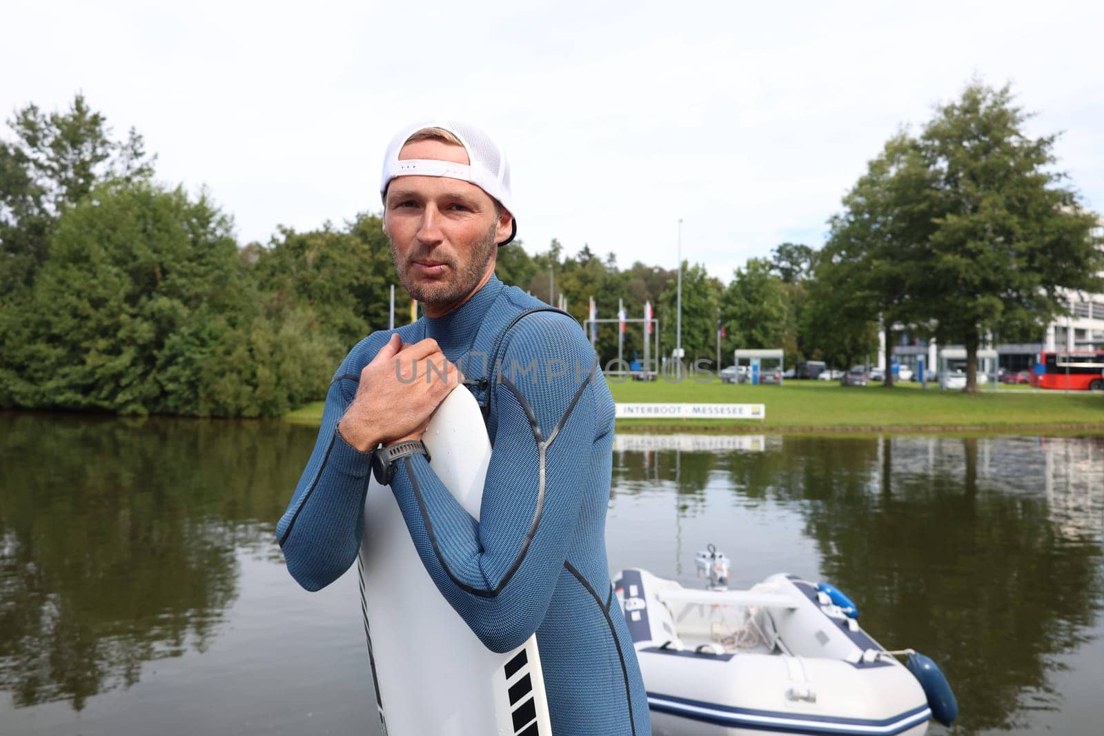 Kitsurfer Ben Beholz gives taster courses on the Messesee and does show acts in pump and wingfoiling  The 63rd Interboot 2024 trade fair in Friedrichshafen has opened