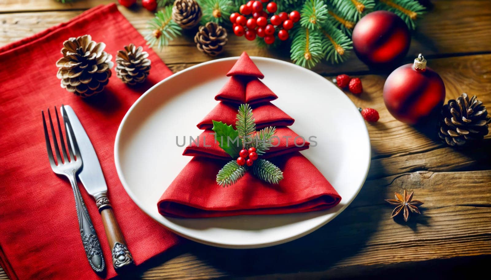 Festive holiday table setting featuring a red napkin folded into a tree shape, adorned with holly, and placed on a white plate. Pinecones and ornaments enhance the warm ambiance.