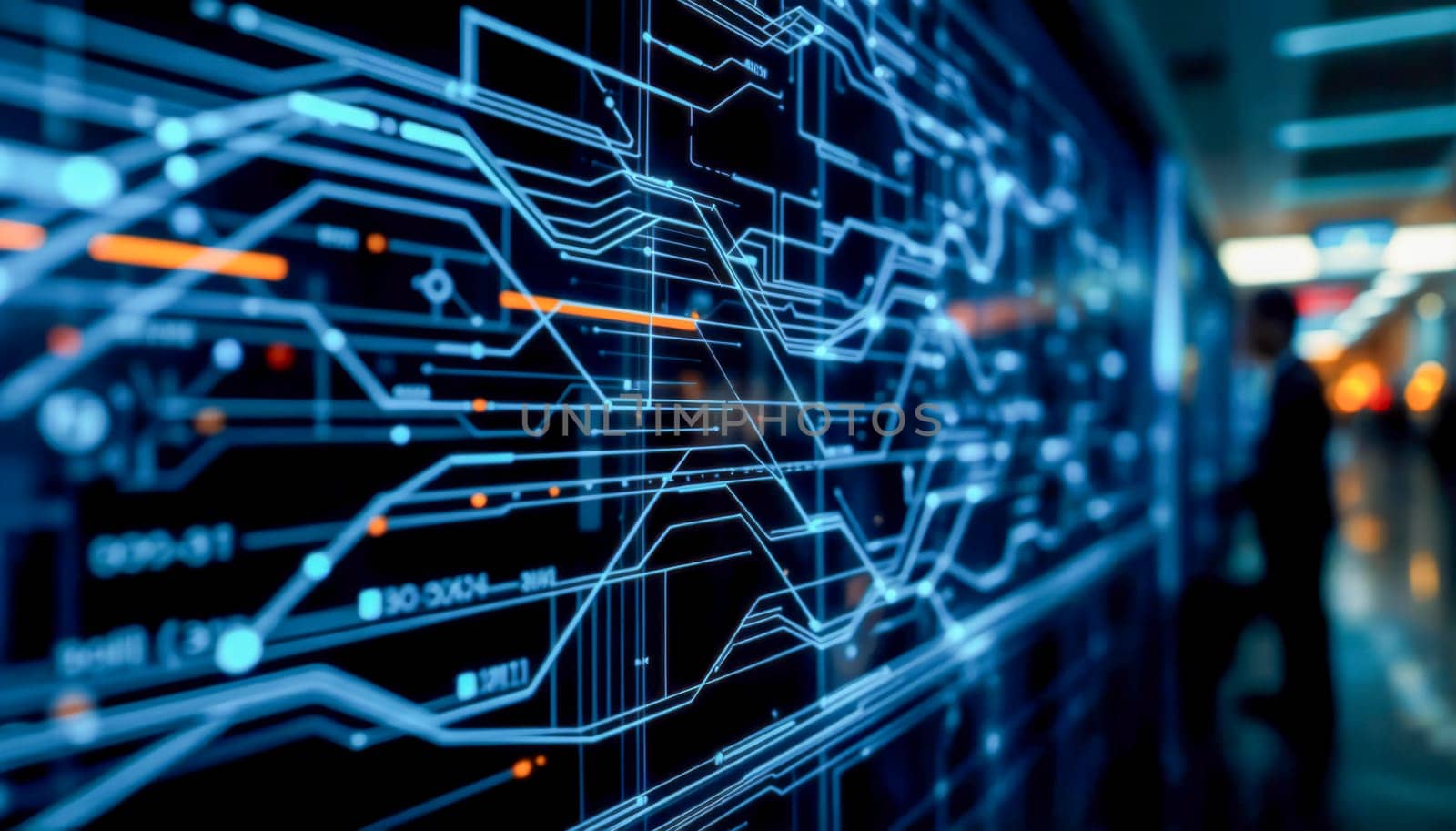Abstract digital network connections displayed on a futuristic screen, symbolizing advanced technology and connectivity, with a blurred figure in the background adding depth.