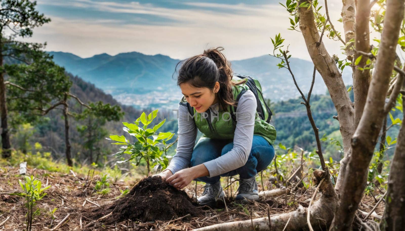 A young woman planting a tree sapling in a mountain forest, representing environmental conservation and reforestation. Natural beauty of the mountains and lush greenery.