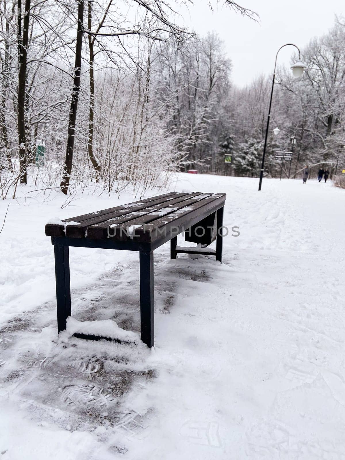 Solitary bench stands in a snow covered park during winter, inviting quiet reflection and peace. Winter landscape captures the beauty of cold season in nature.