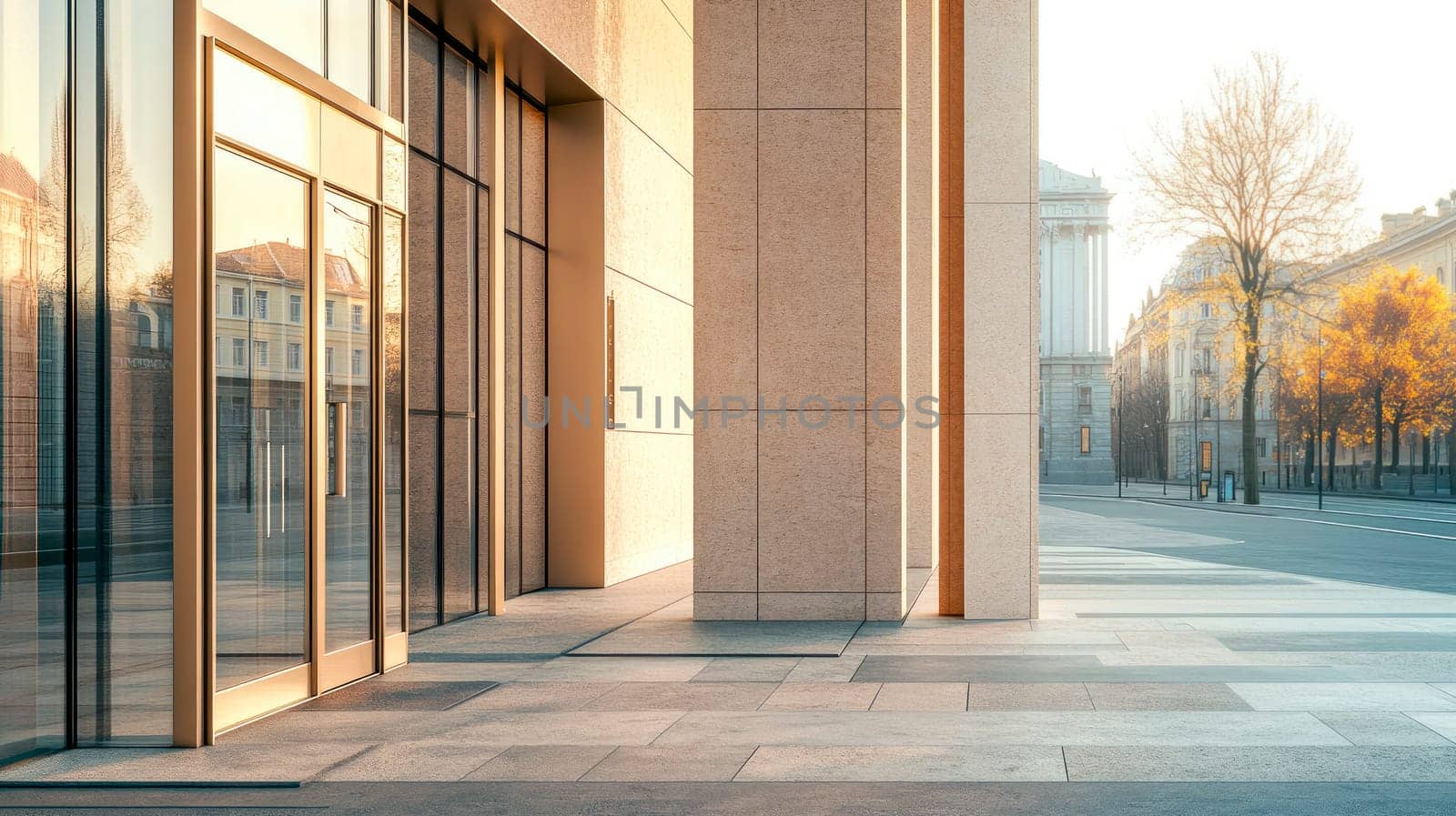 Large glass doors at the entrance to the mall. AI generated