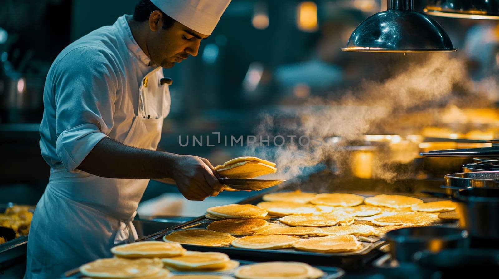 Professional chef in white uniform cooking golden pancakes on a large griddle, with steam rising from the hot surface in a bustling restaurant kitchen.