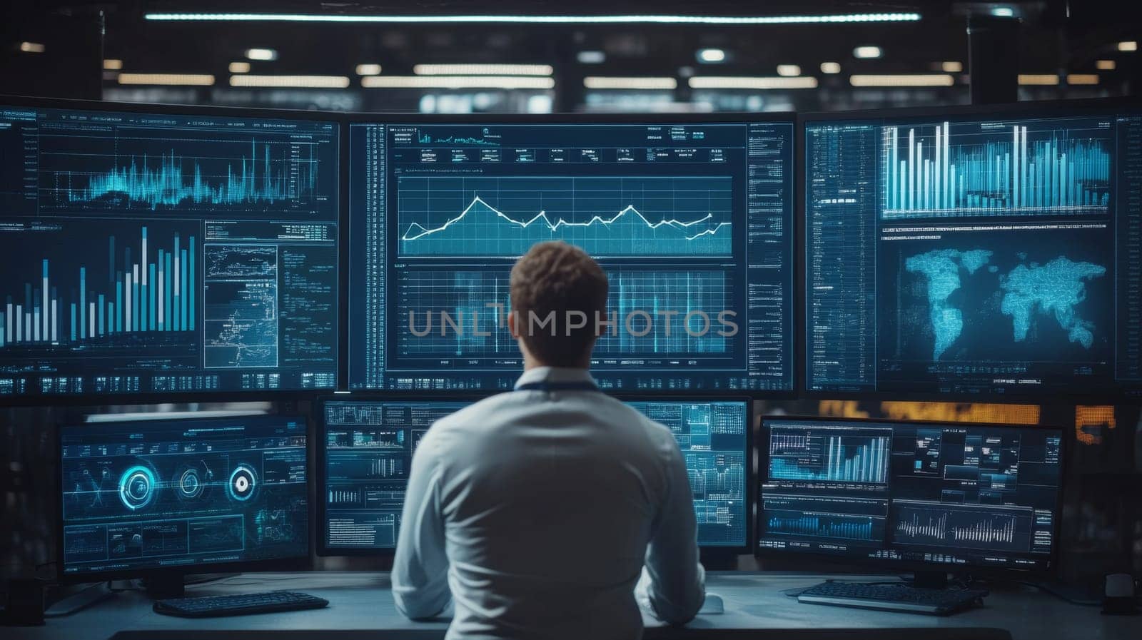 Rear view of analyst studying multiple screens displaying global market data, charts, and analytics in a high tech control room environment.
