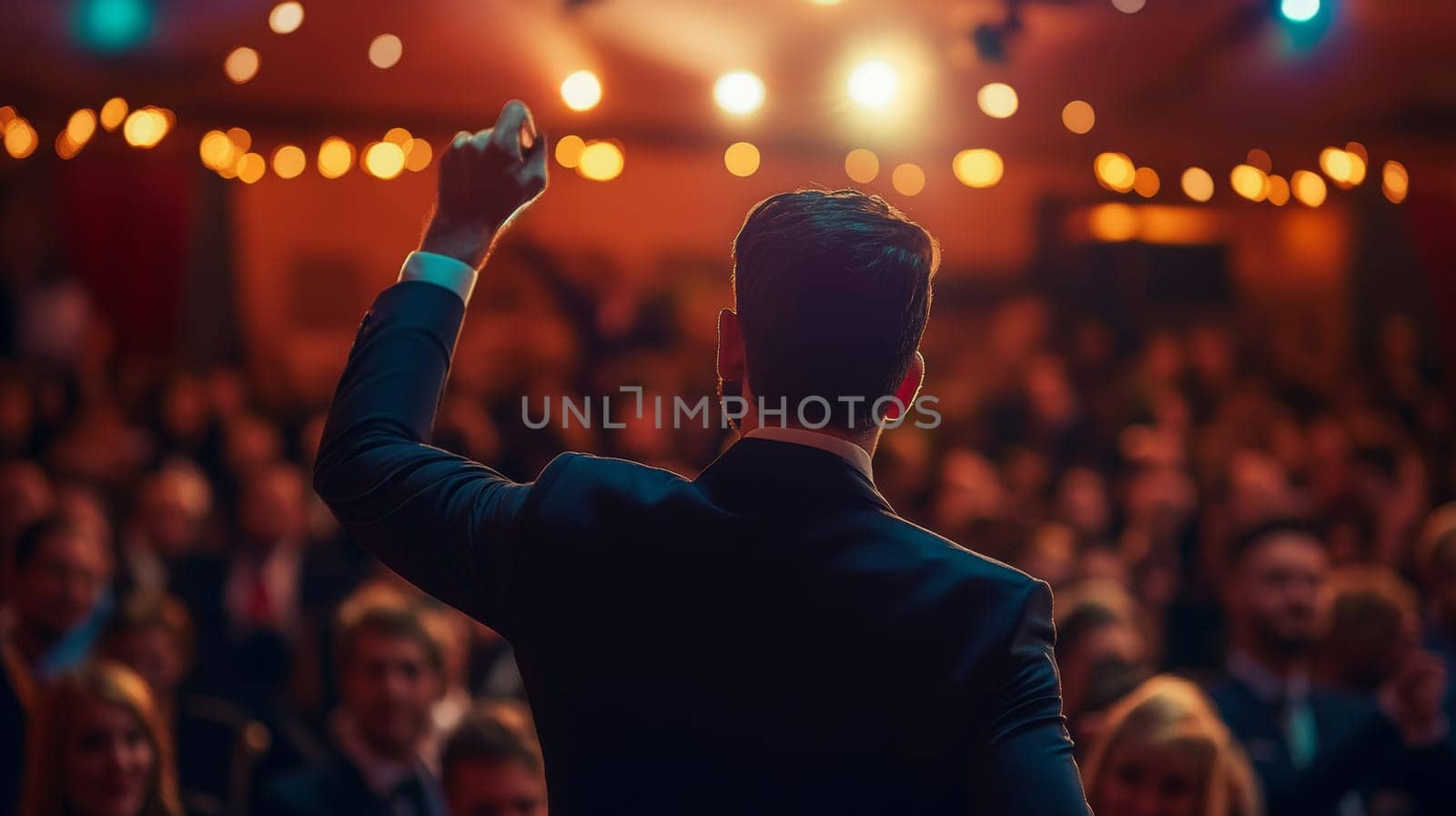Silhouette of an energetic auctioneer with raised arm addressing a crowded room, illuminated by warm ambient lighting and string lights at an evening auction event.