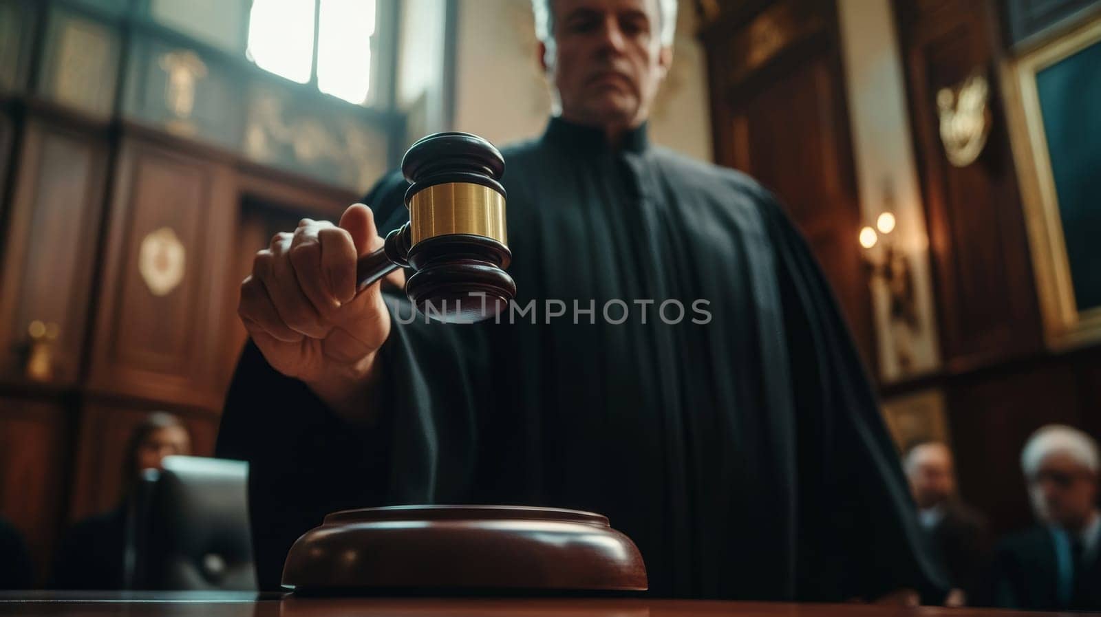 Authoritative judge in black robe raises a wooden gavel with brass band, symbolizing justice and law enforcement in a traditional courtroom setting.