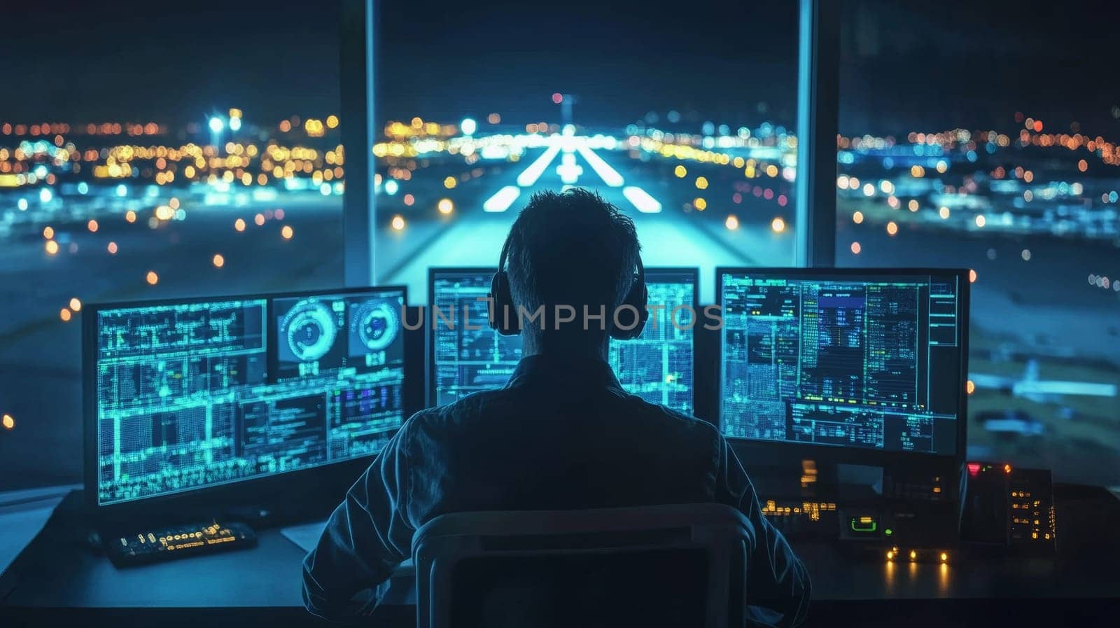 Air traffic controller silhouetted against illuminated airport runway at night, monitoring multiple screens with data and flight information.