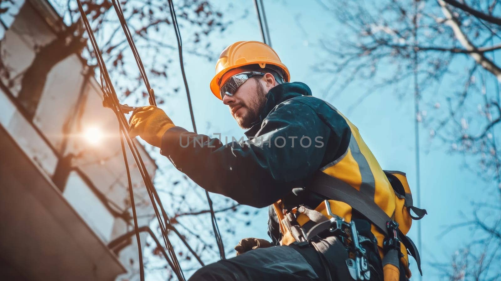 An electrician in protective gear works on power lines during sunset, showcasing the dangerous and skilled nature of electrical maintenance work.