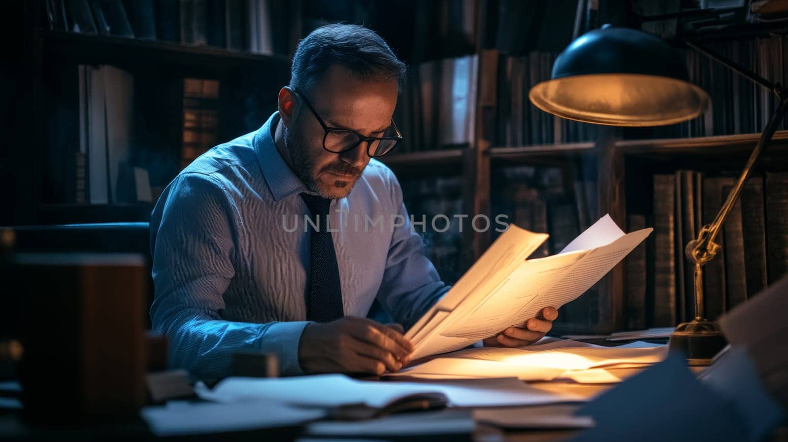 Focused senior man in glasses scrutinizing documents under desk lamp, surrounded by bookshelves in dimly lit office, embodying detective work.