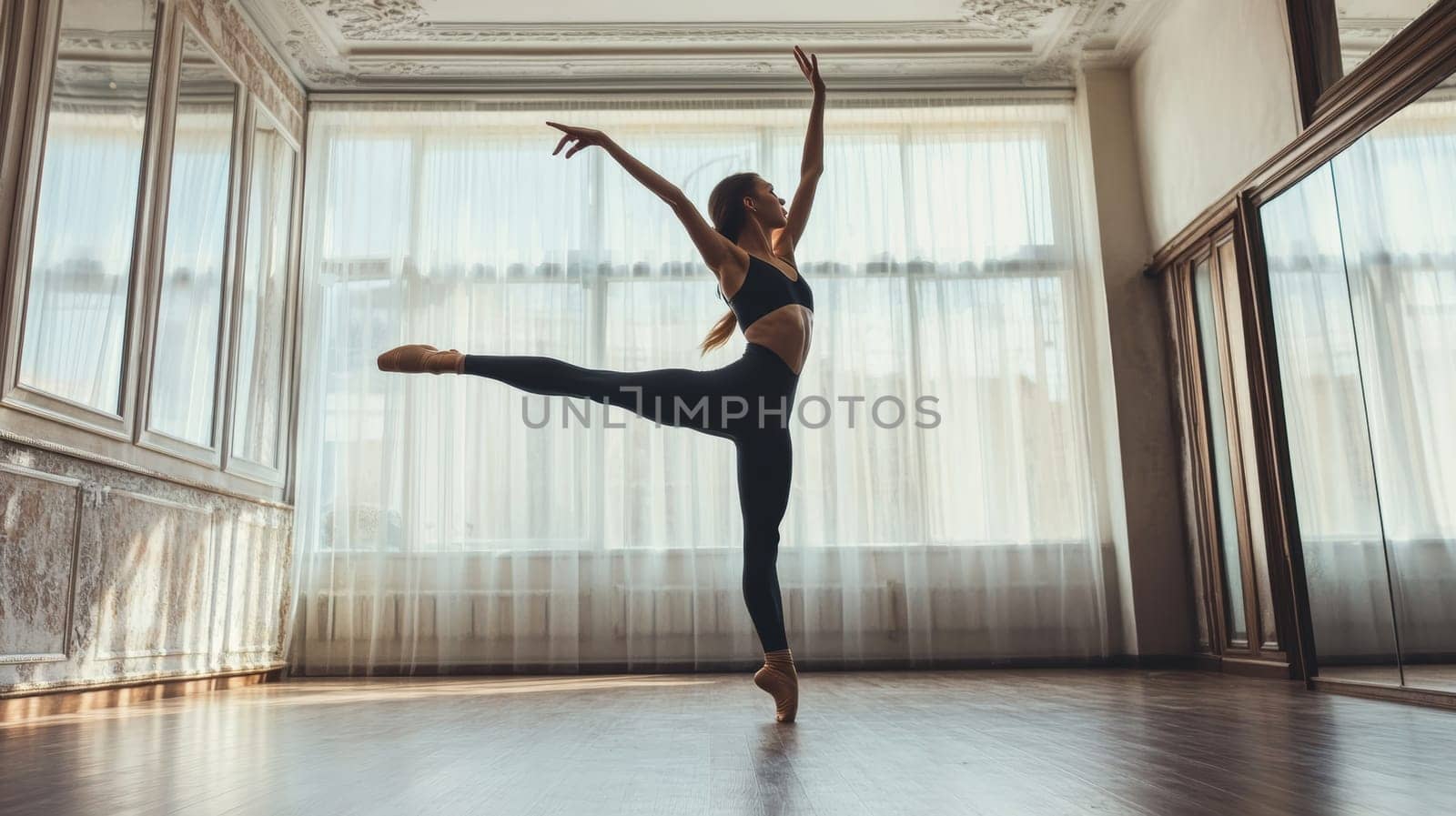 Silhouette of a ballerina performing arabesque in a sunlit studio with ornate ceiling, embodying grace and artistry in classical dance.