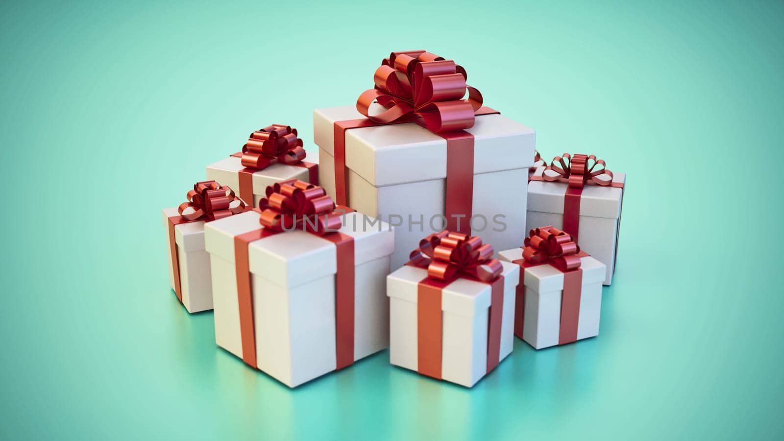 Giftboxes wrapped with red ribbons on green and blue background. 3D illustration.