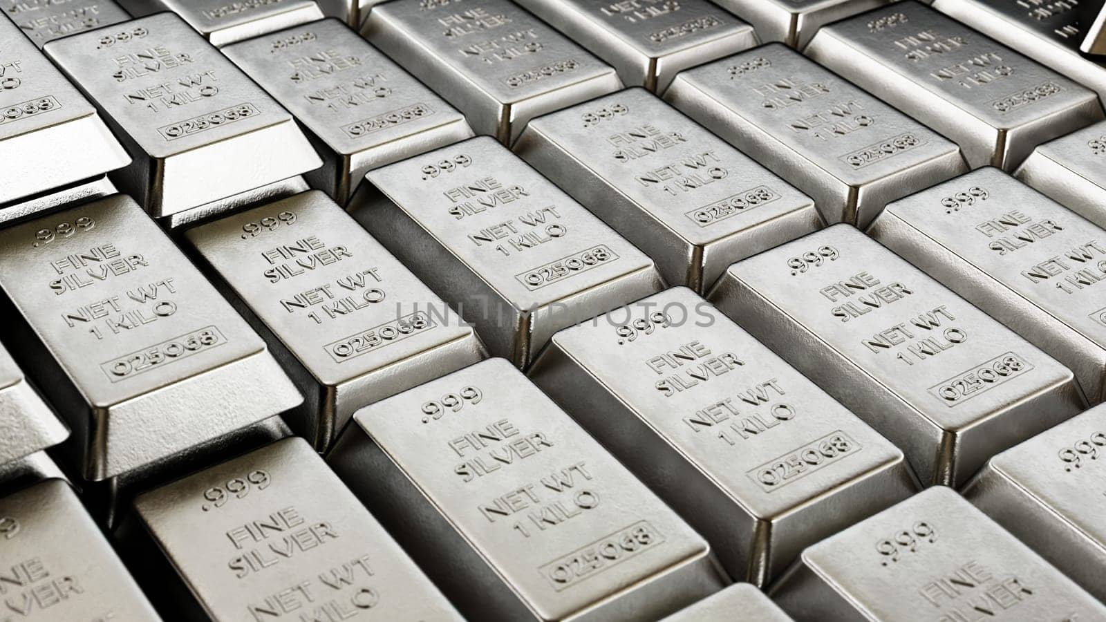 Large stack of silver ingots. 3D illustration.
